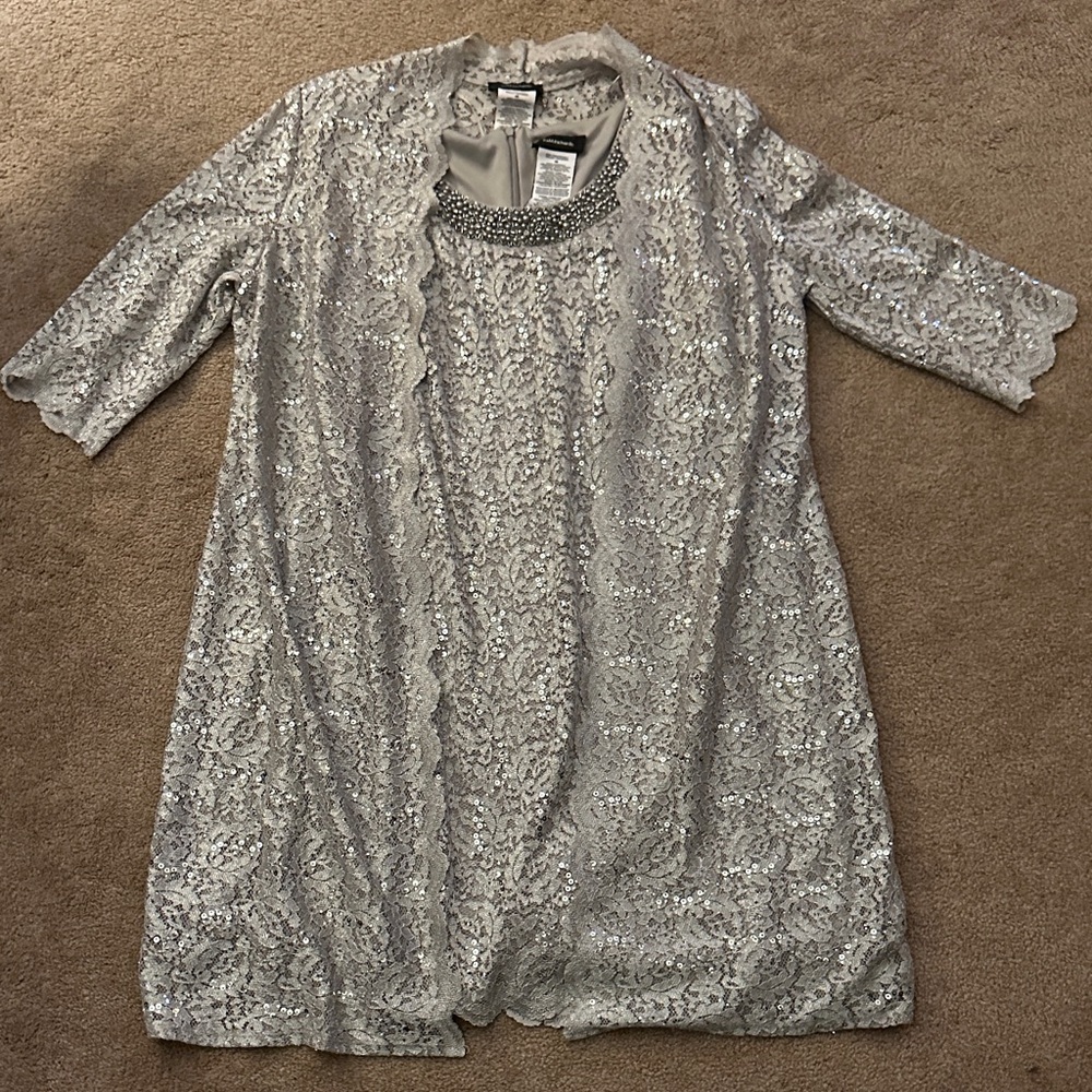 R&M Richards Sophisticated Silver Dress with matching duster jacket